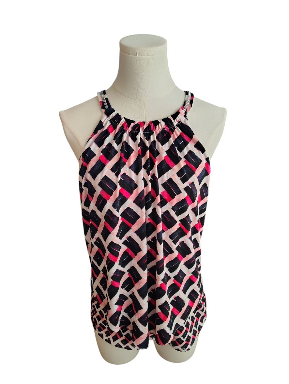 Chevron Geometric Pink and Navy Blue Blouse With Silver Metal Decor Size Unknown